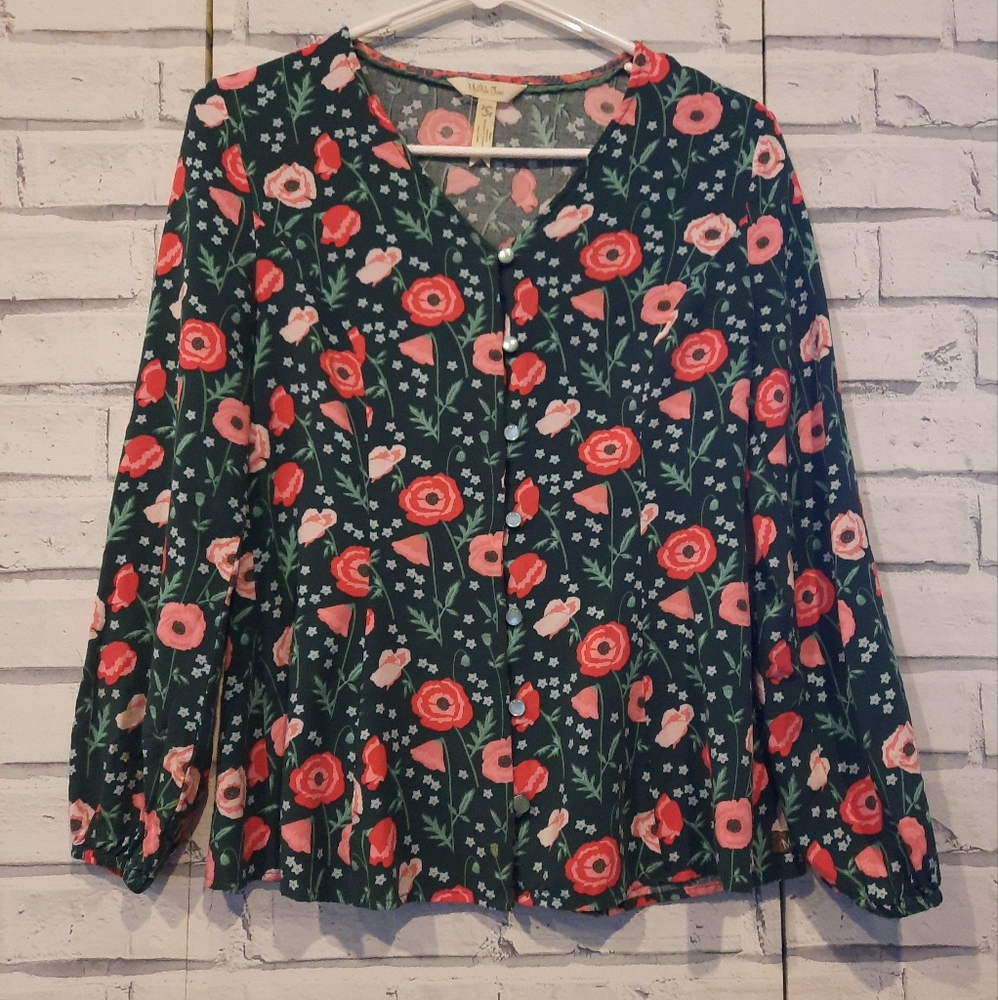Matilda Jane Women's Size S Blouse Green Pink Floral Button Front